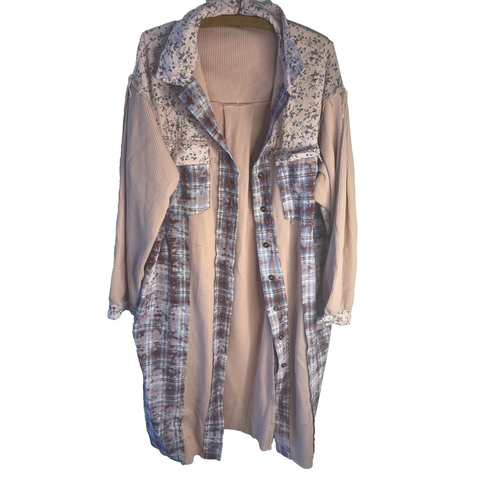POL L Patchwork Flannel Crochet Colorful Granny Square Duster Boho Shirt Jacket